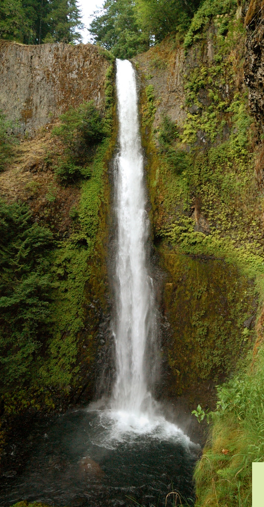 The trail goes through the hole behind the Falls